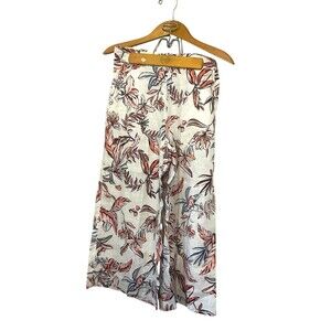 Tahari Wide Leg Crop Linen Pants Floral Pull On Beach Resort Tropical Medium